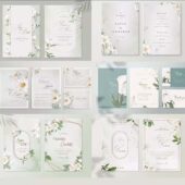 White & Greenery Floral Wedding Invitation Templates